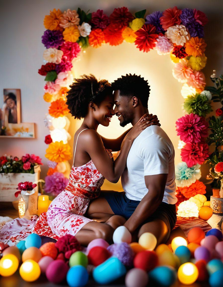 A vibrant and intimate scene featuring a diverse couple embracing playfulness, surrounded by a tasteful display of colorful sexual wellness toys and gifts. Soft lighting casts a warm glow, highlighting the joy and connection between them. Include hints of flowers and romantic decorations to emphasize celebration and love. Focus on inclusivity and positivity. super-realistic. vibrant colors. soft focus.