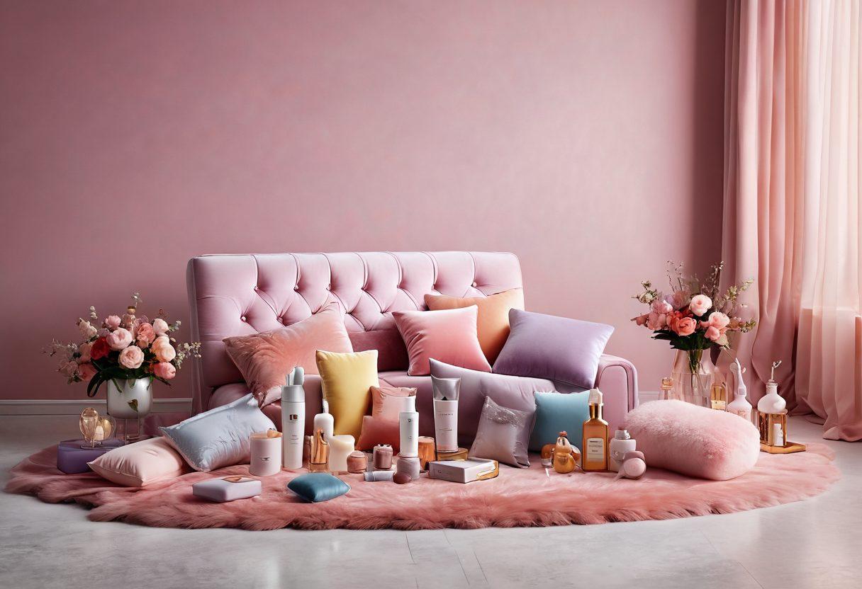 A colorful, inviting scene featuring an array of elegant lesbian toys and sensual products displayed artfully on a plush velvet surface. Warm, soft lighting creates an intimate atmosphere, highlighting the textures and playful designs of the products. Subtle floral elements add a touch of sensuality, enhancing the overall allure. The background should be a gradient of gentle pastel colors to evoke a sense of comfort and exploration. super-realistic. vibrant colors. intimate setting.